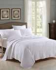 Embroidered Palm Leaves White Coverlet Set