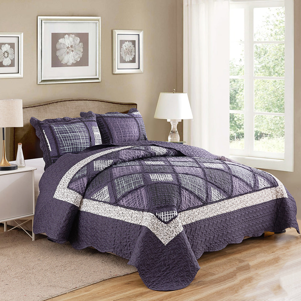 100% Premium Microfibre Purple Patchwork Coverlet Bedspread with vintage design