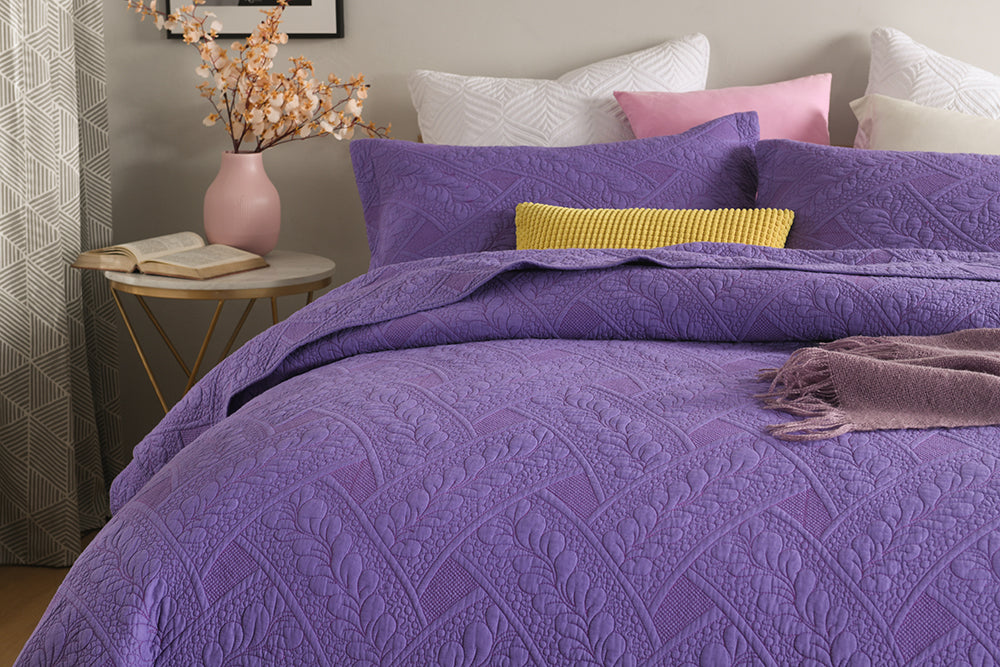 Flora Purple Quilted Cotton Bedspread Coverlet Set
