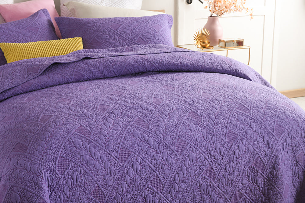 Flora Purple Quilted Cotton Bedspread Coverlet Set