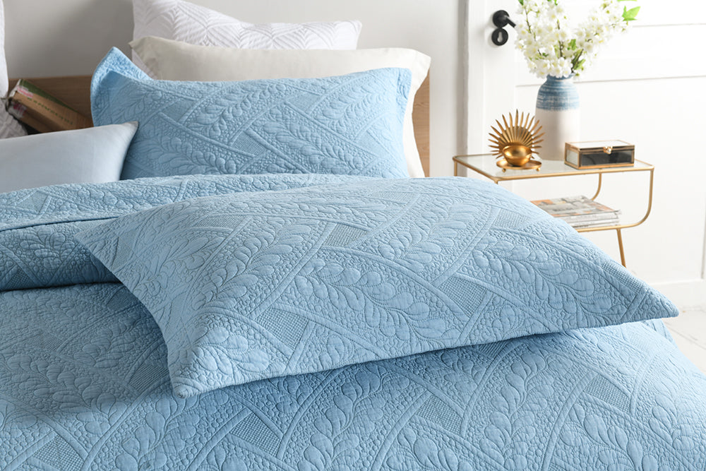 Flora Blue Quilted Cotton Bedspread Coverlet Set