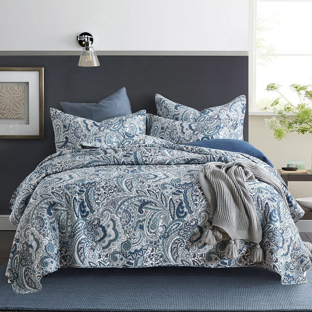 Azure Paisley Quilted Cotton Bedsrpead Coverlet Set