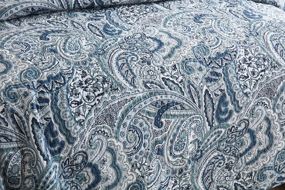 Azure Paisley Quilted Cotton Bedsrpead Coverlet Set