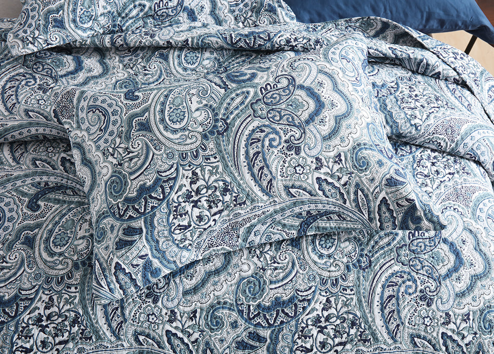 Azure Paisley Quilted Cotton Bedsrpead Coverlet Set
