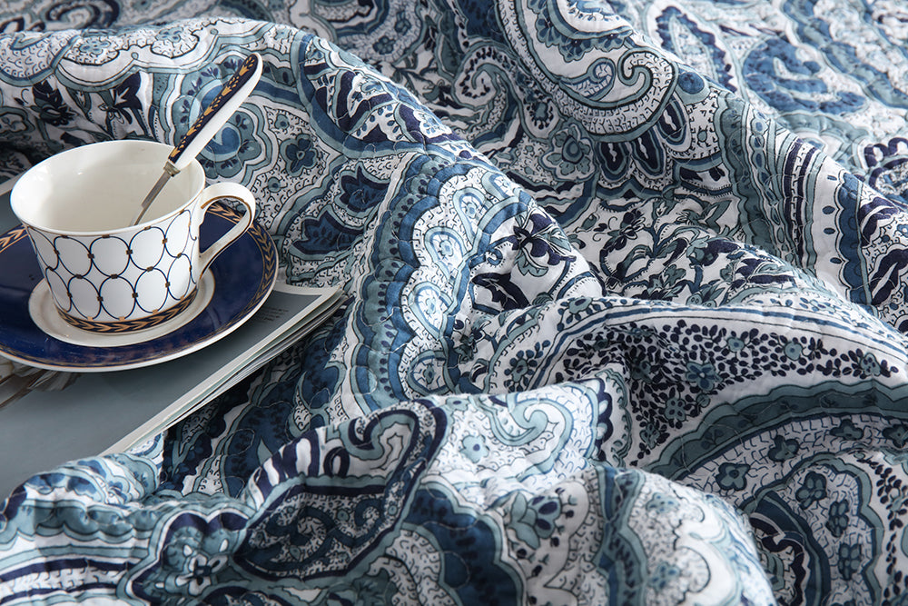 Azure Paisley Quilted Cotton Bedsrpead Coverlet Set