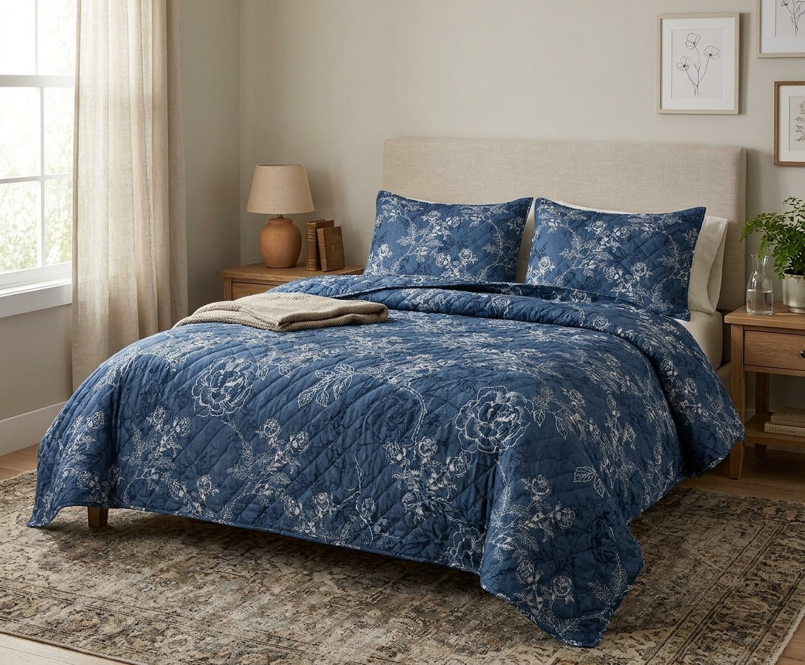Blue Rose Quilted Comforter Coverlet Set For Double Queen King Size Bed