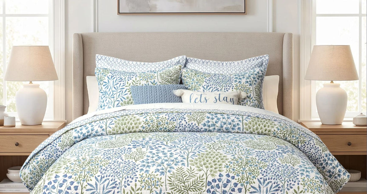 Woodland Green Quilted Cotton Bedspread Coverlet Set for Double Queen King Size Bed