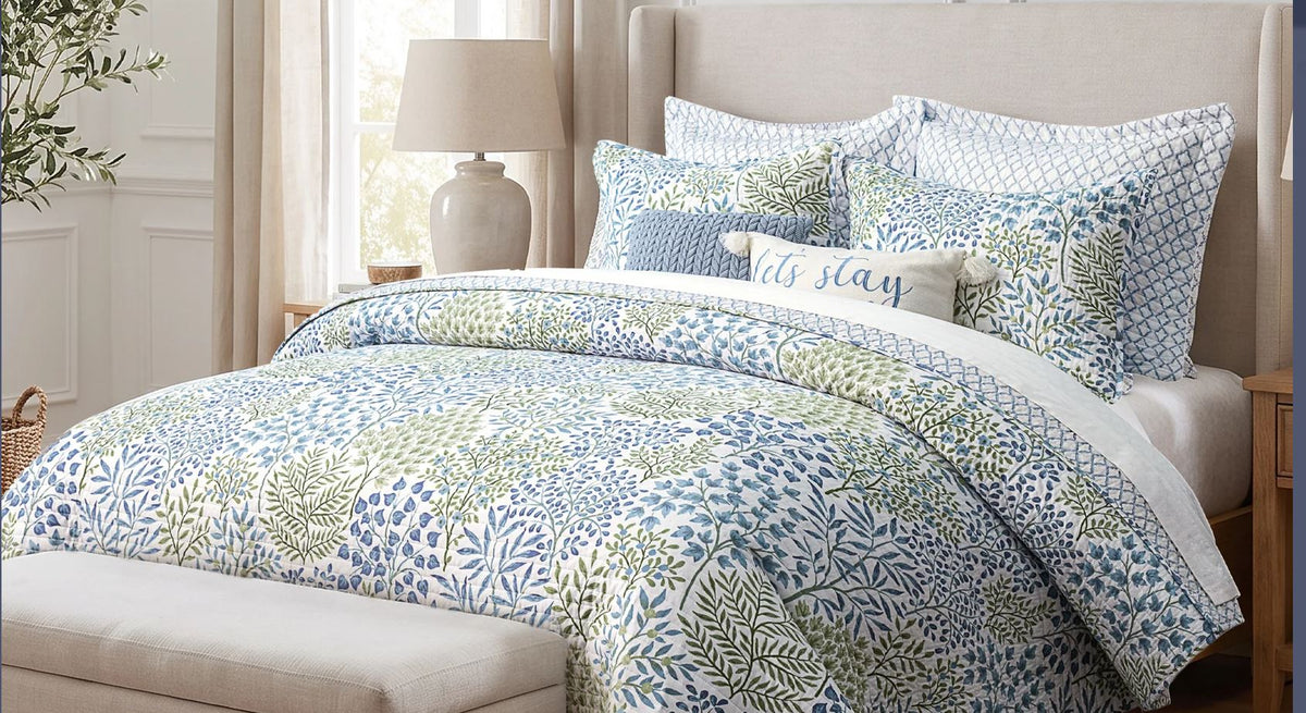 Woodland Green Quilted Cotton Bedspread Coverlet Set for Double Queen King Size Bed