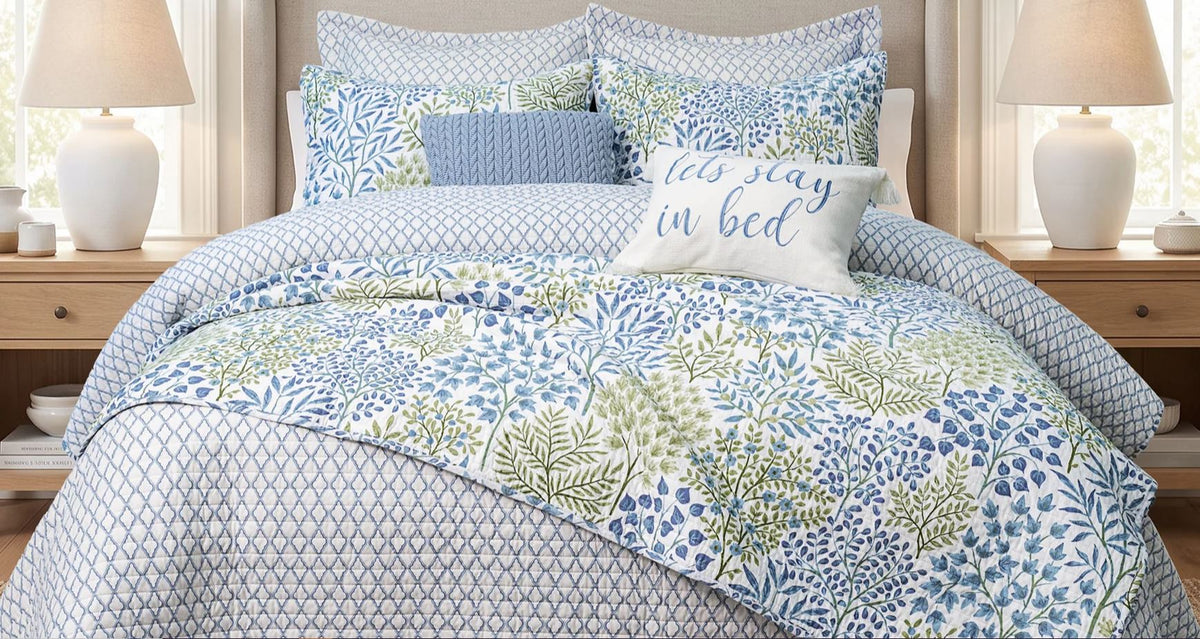 Woodland Green Quilted Cotton Bedspread Coverlet Set for Double Queen King Size Bed