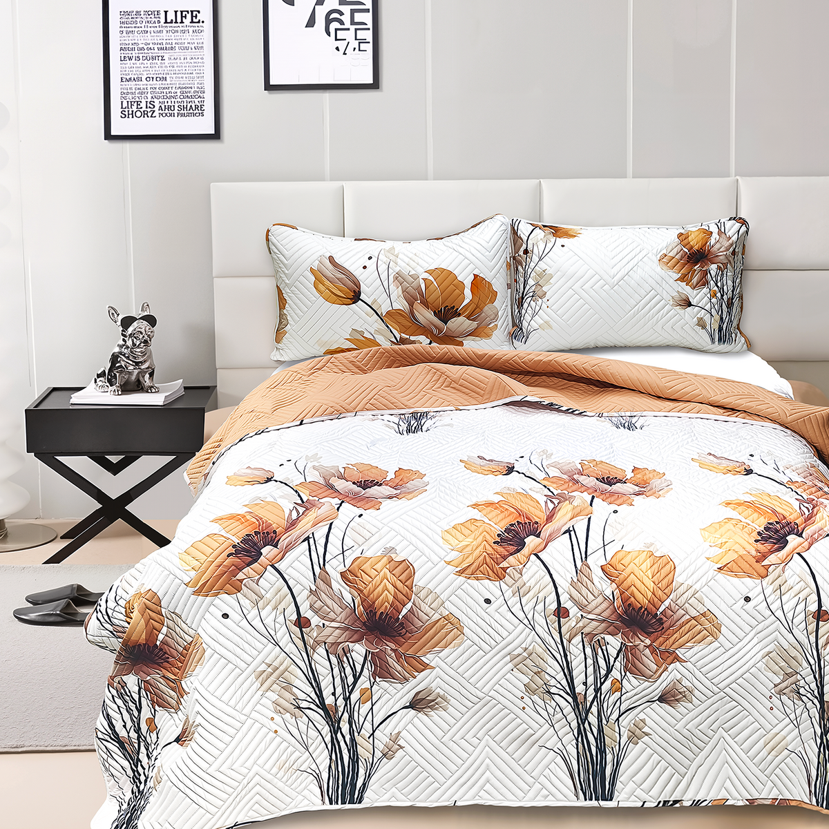 Rustic Bloom Quilted Comforter Coverlet Set For Double Queen King Size Bed