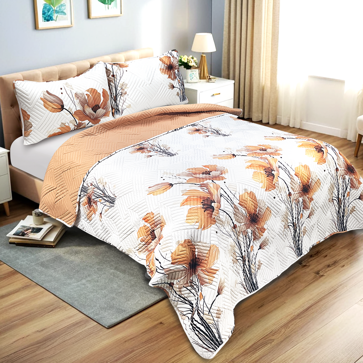 Rustic Bloom Quilted Comforter Coverlet Set For Double Queen King Size Bed