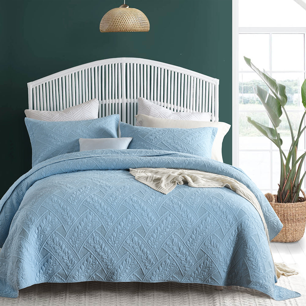 Flora Blue Quilted Cotton Bedspread Coverlet Set