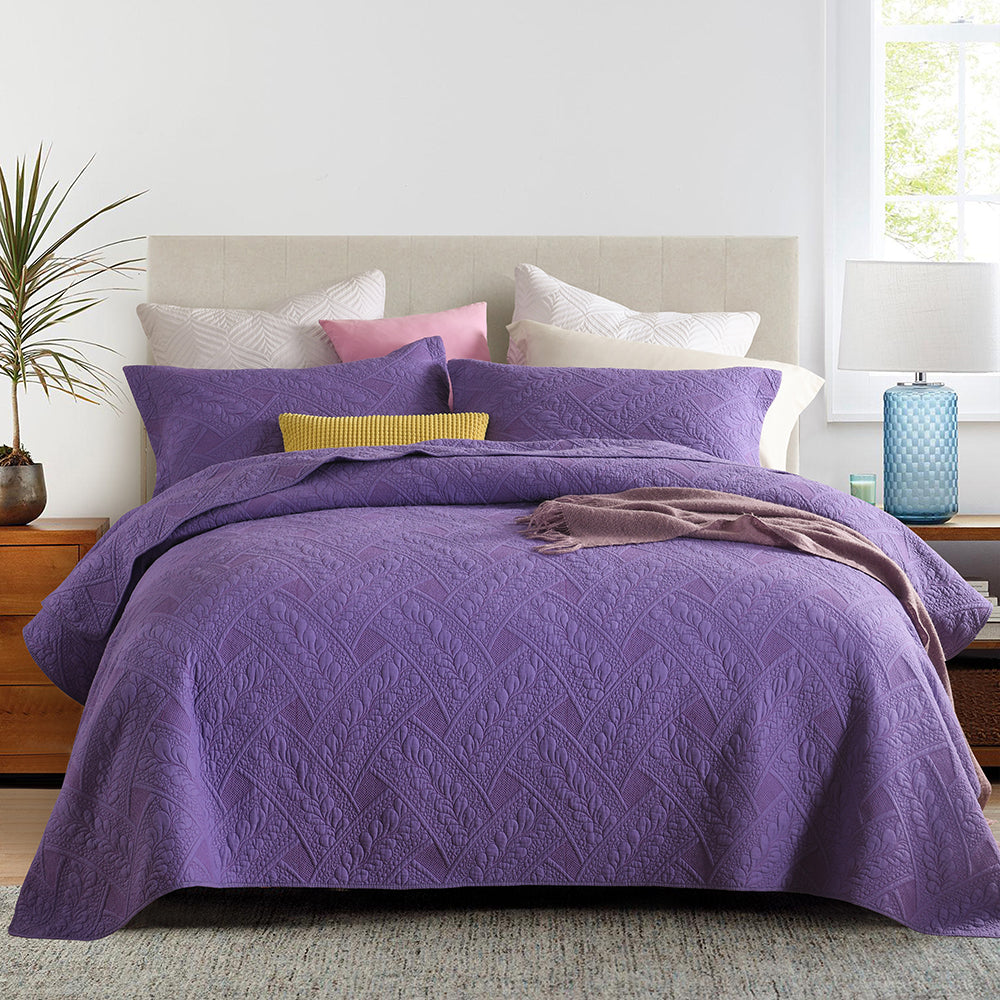 Flora Purple Quilted Cotton Bedspread Coverlet Set