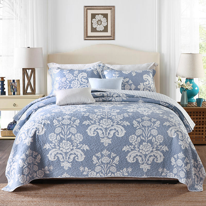 Premium Microfibre Blue Patchwork Coverlet Bedspread with vintage design