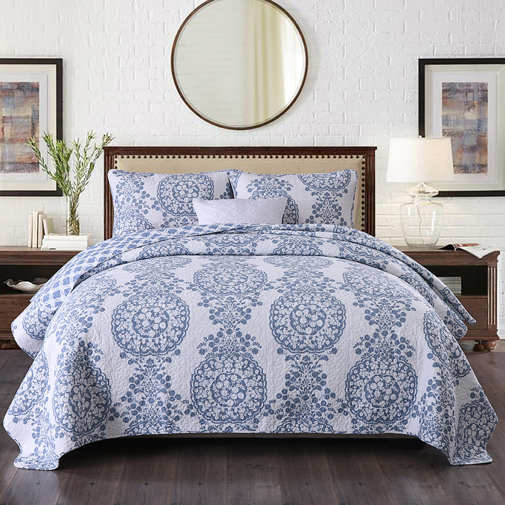 100% Cotton Blue Patchwork Coverlet Bedspread with vintage design