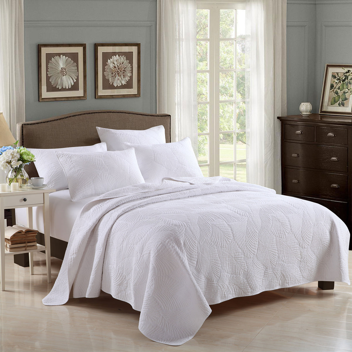 Solid Color Coverlets 100% Premium Microfibre Embroided Coverlet Set - Palm Leaves White ...