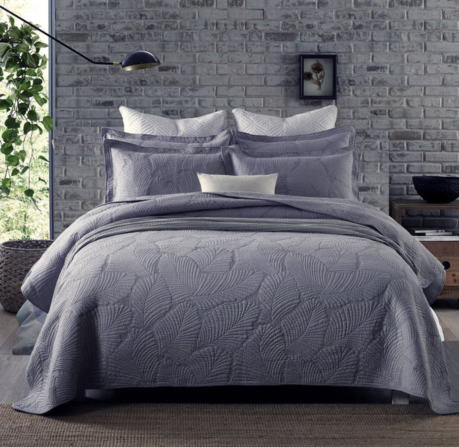 100% Cotton Quilted Coverlet Set - Palm Leaves Grey – coverlet heaven