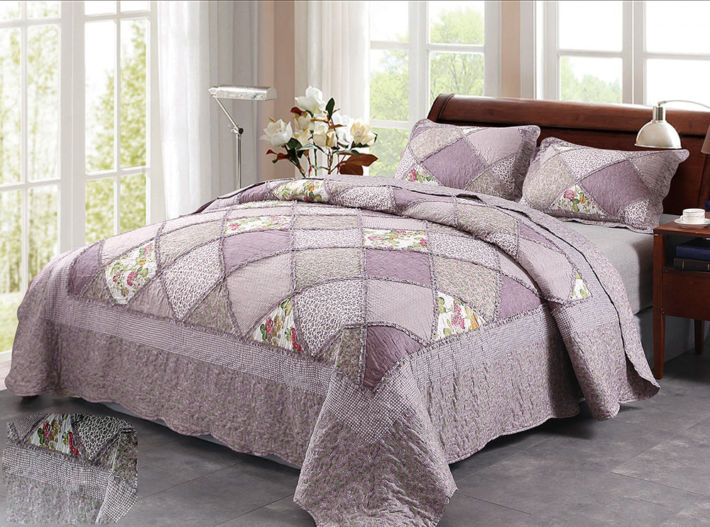 100% Premium Microfibre Purple Patchwork Coverlet Bedspread with vintage design