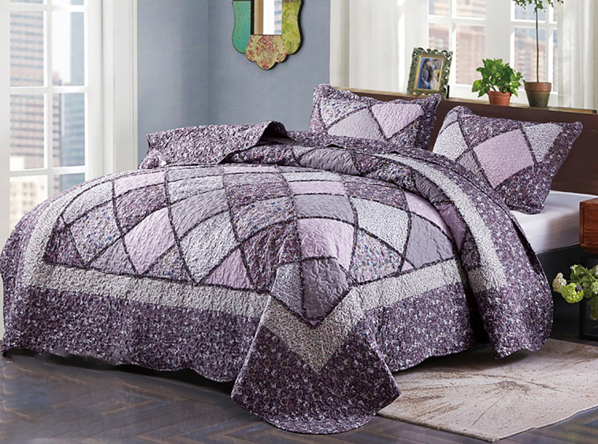 100% Premium Microfibre Purple Patchwork Coverlet Bedspread with vintage design