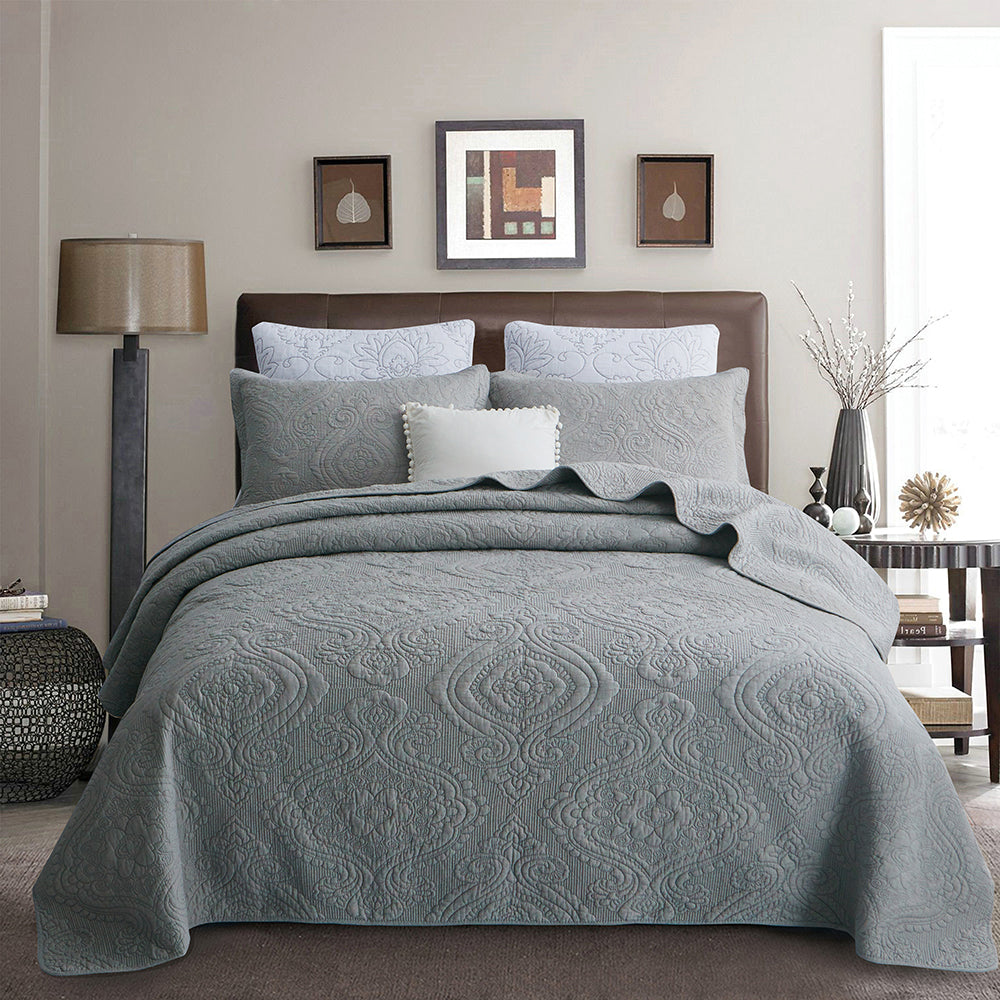 Premium Microfibre Steel Grey Patchwork Coverlet Bedspread with vintage design