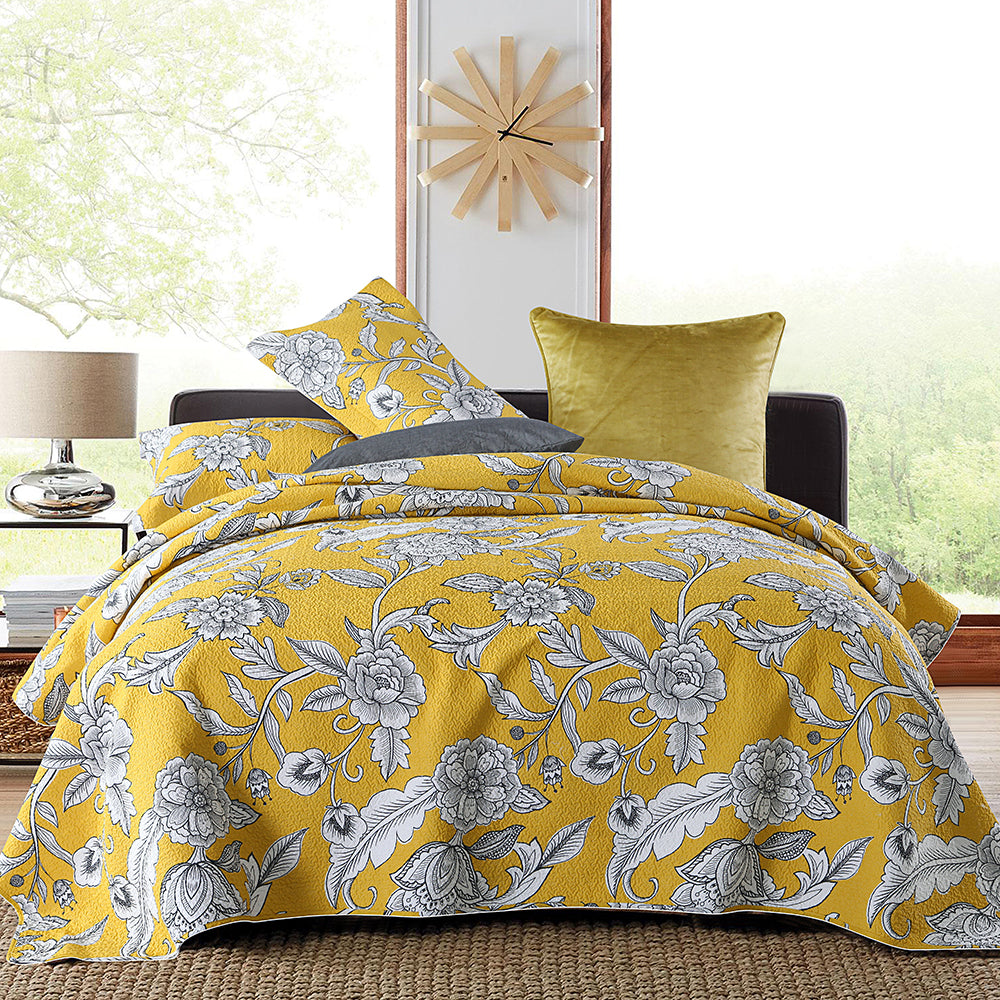 100% Cotton Yellow Patchwork Coverlet Bedspread with floral design