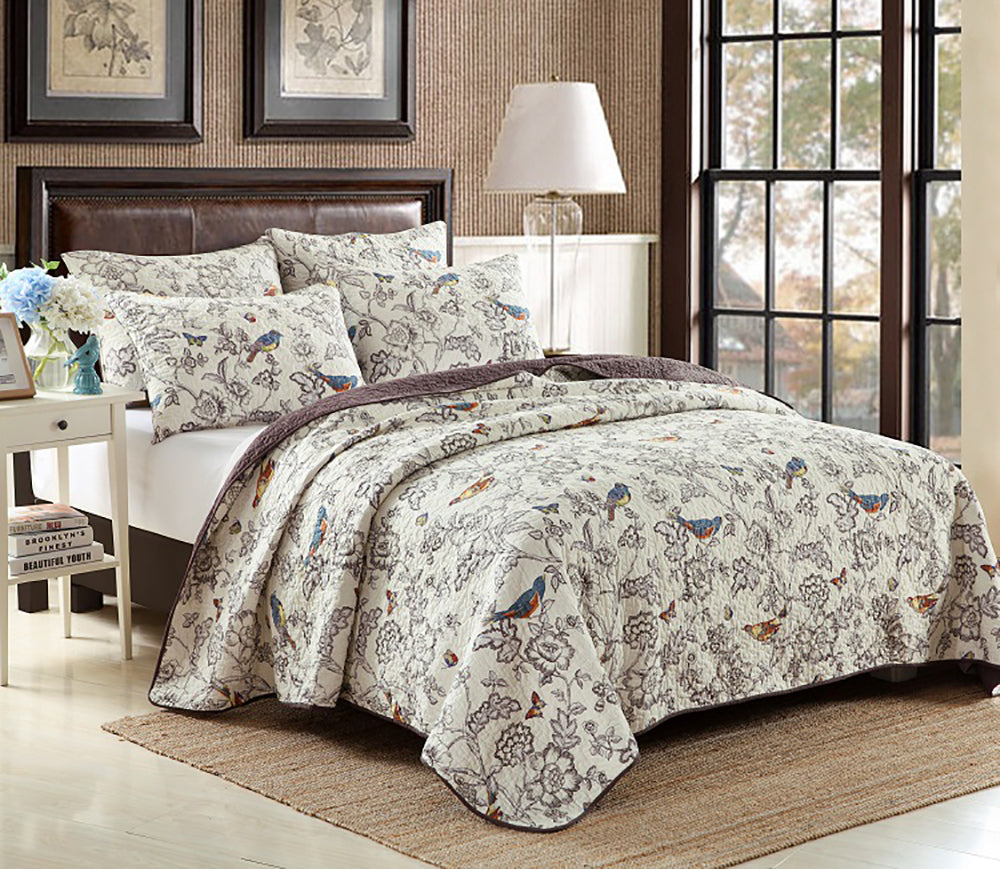 100% cotton Beige Patchwork Coverlet Bedspread with bird design